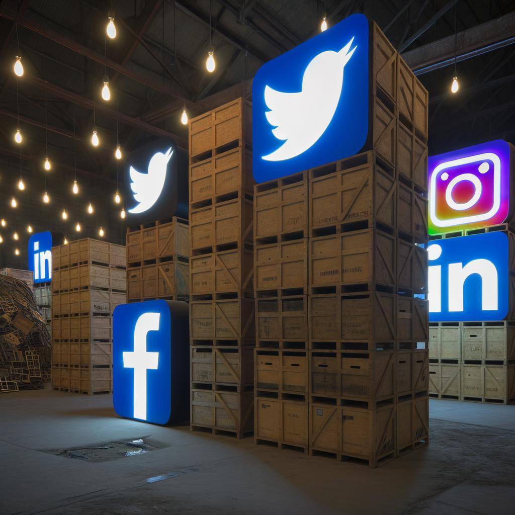 social media icons on boxes in a warehouse