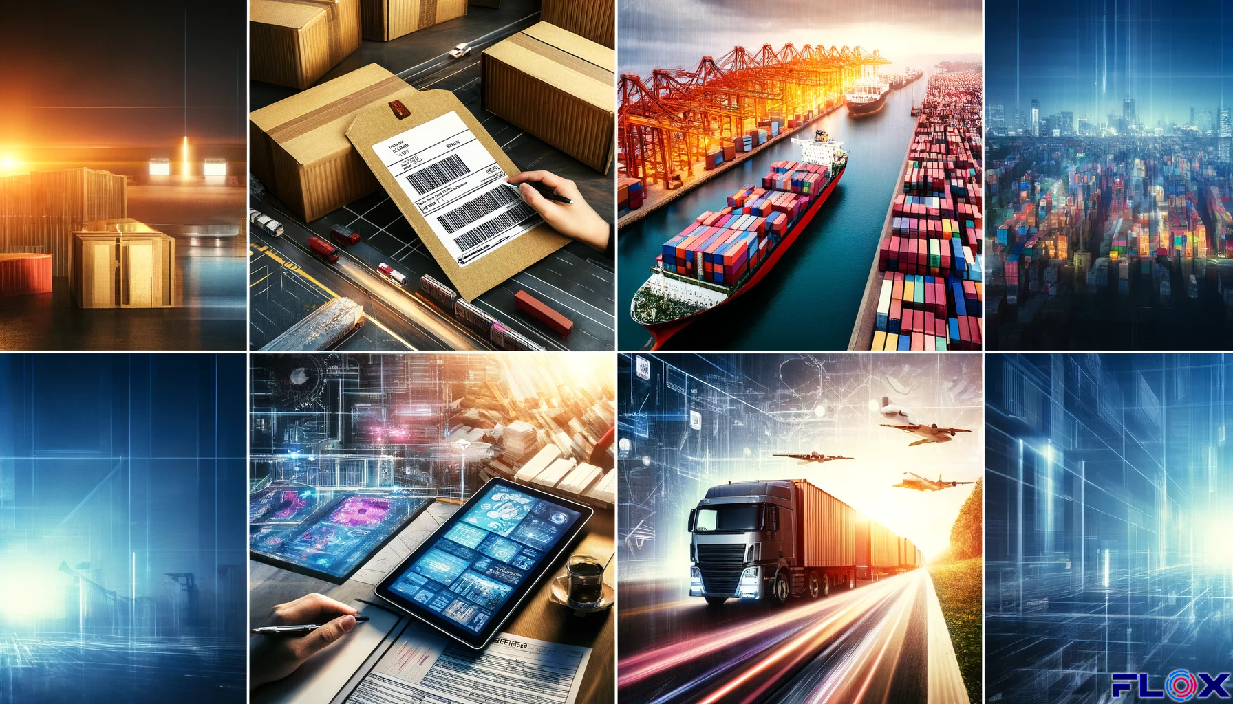 A collage of futuristic images representing the implementation of AI in supply chain management