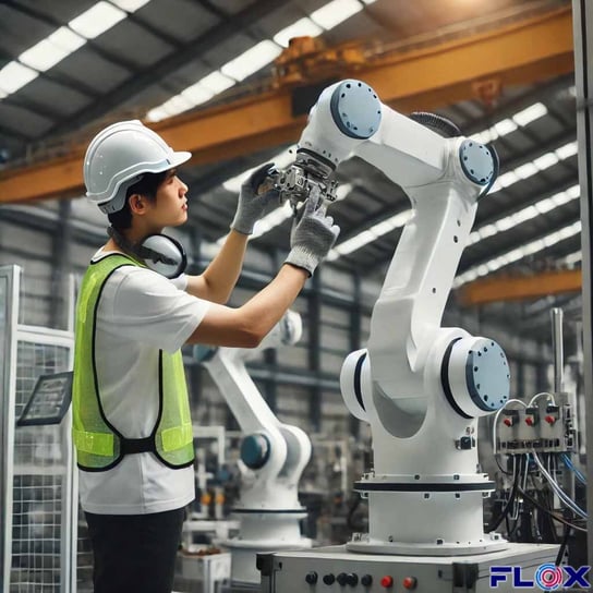 man looking at robot arm copy