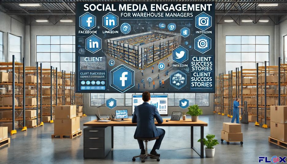 man sitting at a desk in a warehouse working on social media