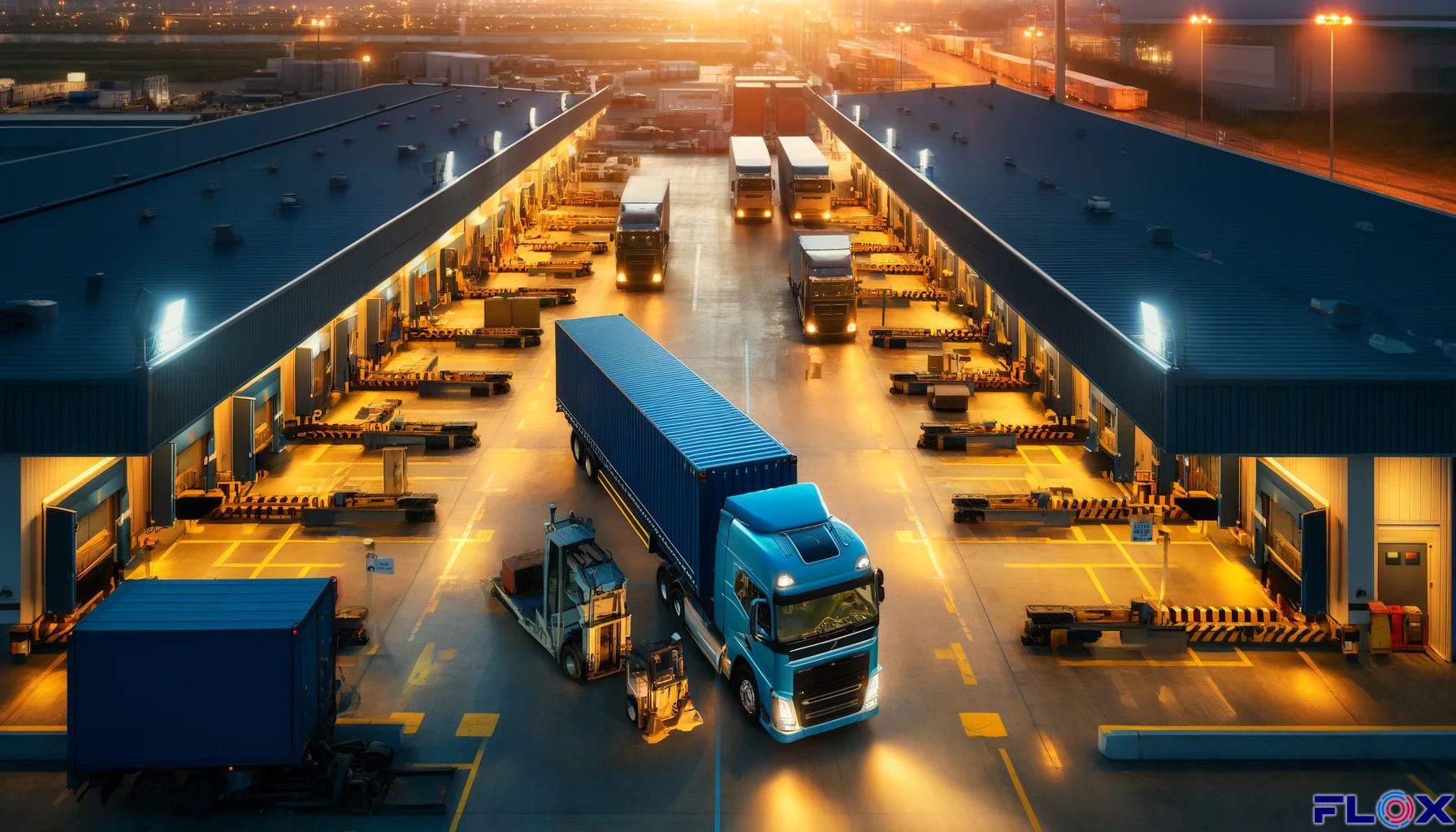 warehouse at sunset with lorries