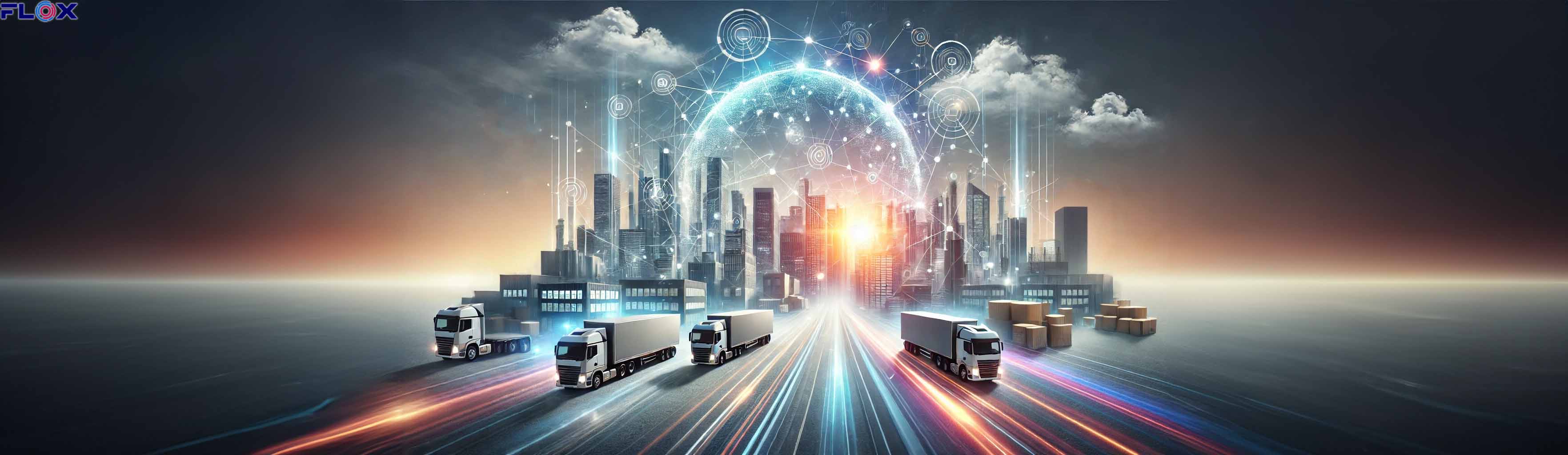 Lorries driving away from a futuristic city - FLOX