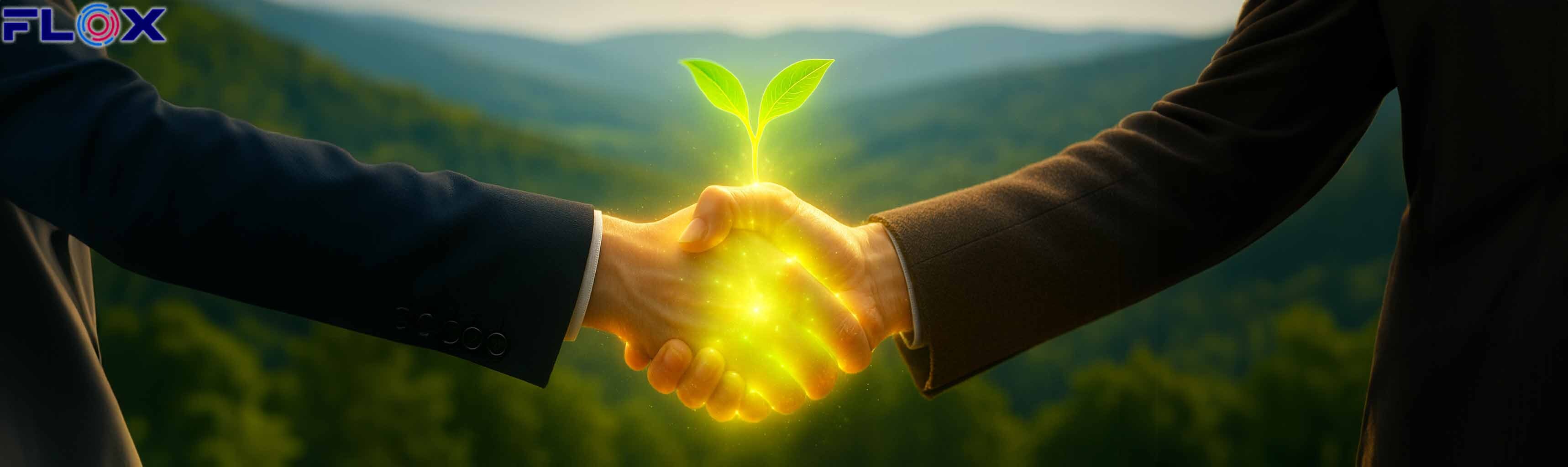 Two hands clasped together with a small, glowing green leaf emerging from the centre