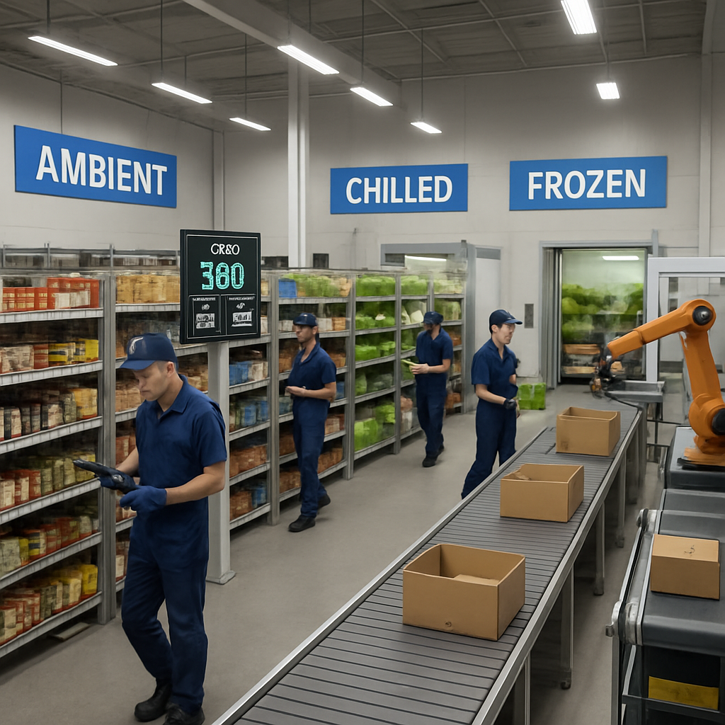 A warehouse filled with frozen, ambient and chilled goods with several workers walking through the display with clipboards - FLOX