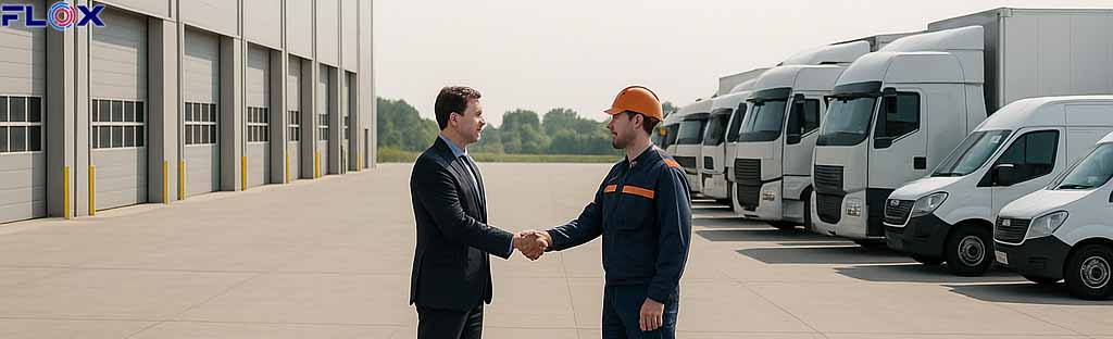 A manager shaking hands with a warehouse employee - FLOX