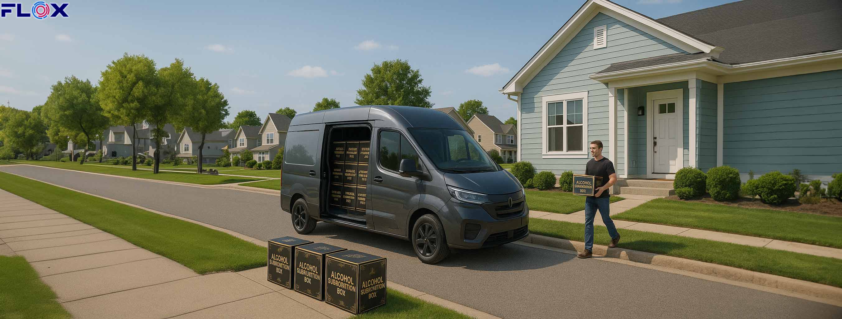 A van on  a quiet street filled with boxes of alcohol with the driver returning to the van with another box.