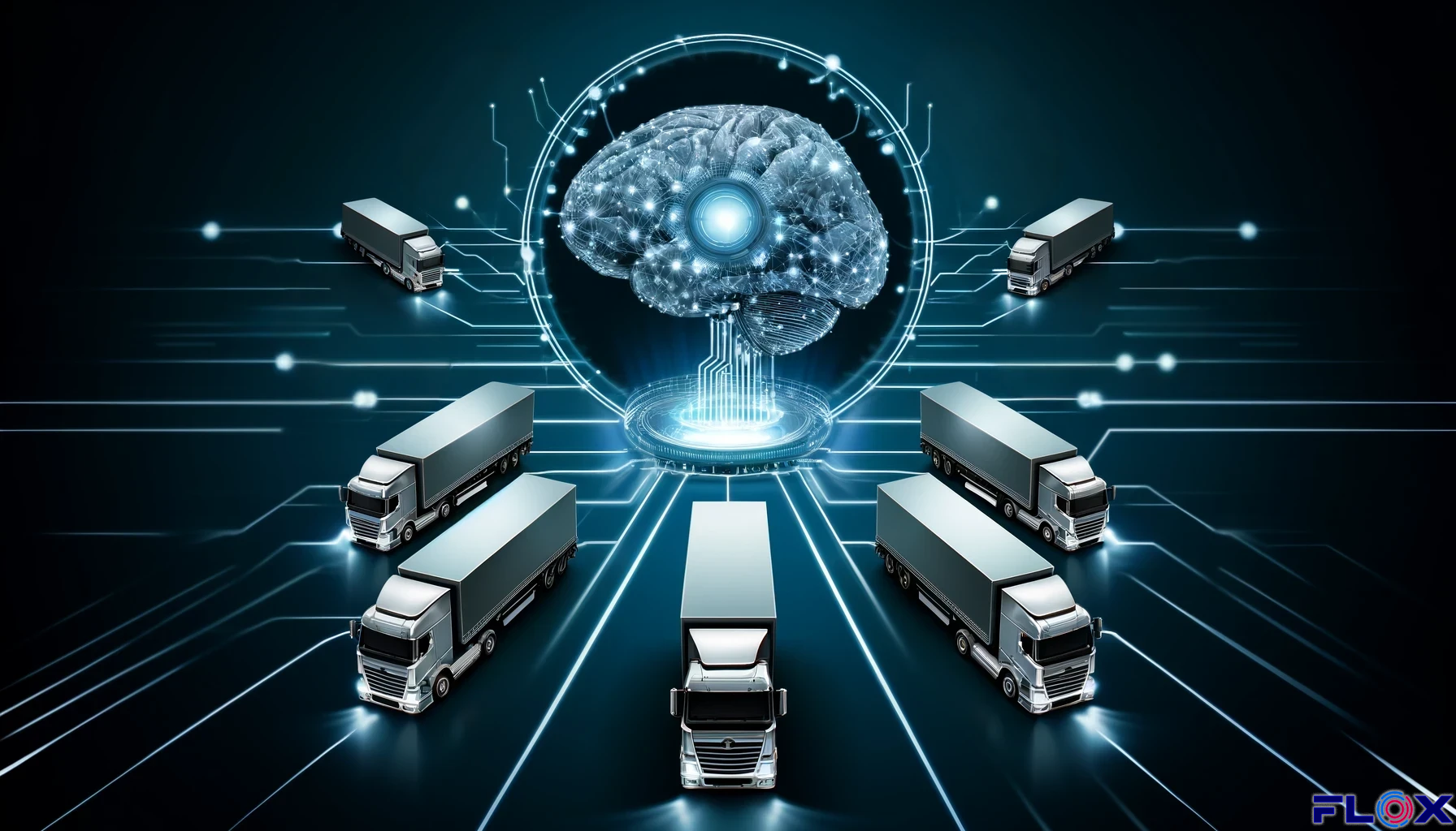 7 silver lorries surrounding a blue brain in a dome