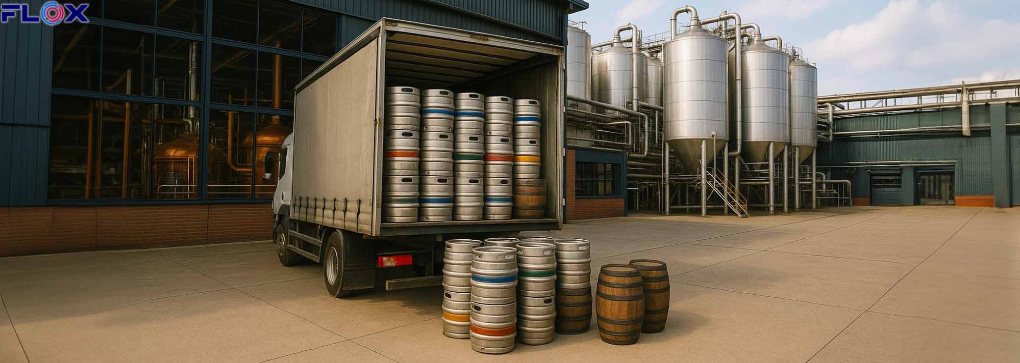 The open trailer of a lorry containing keg, with barrels and kegs sitting on the ground in front of it.